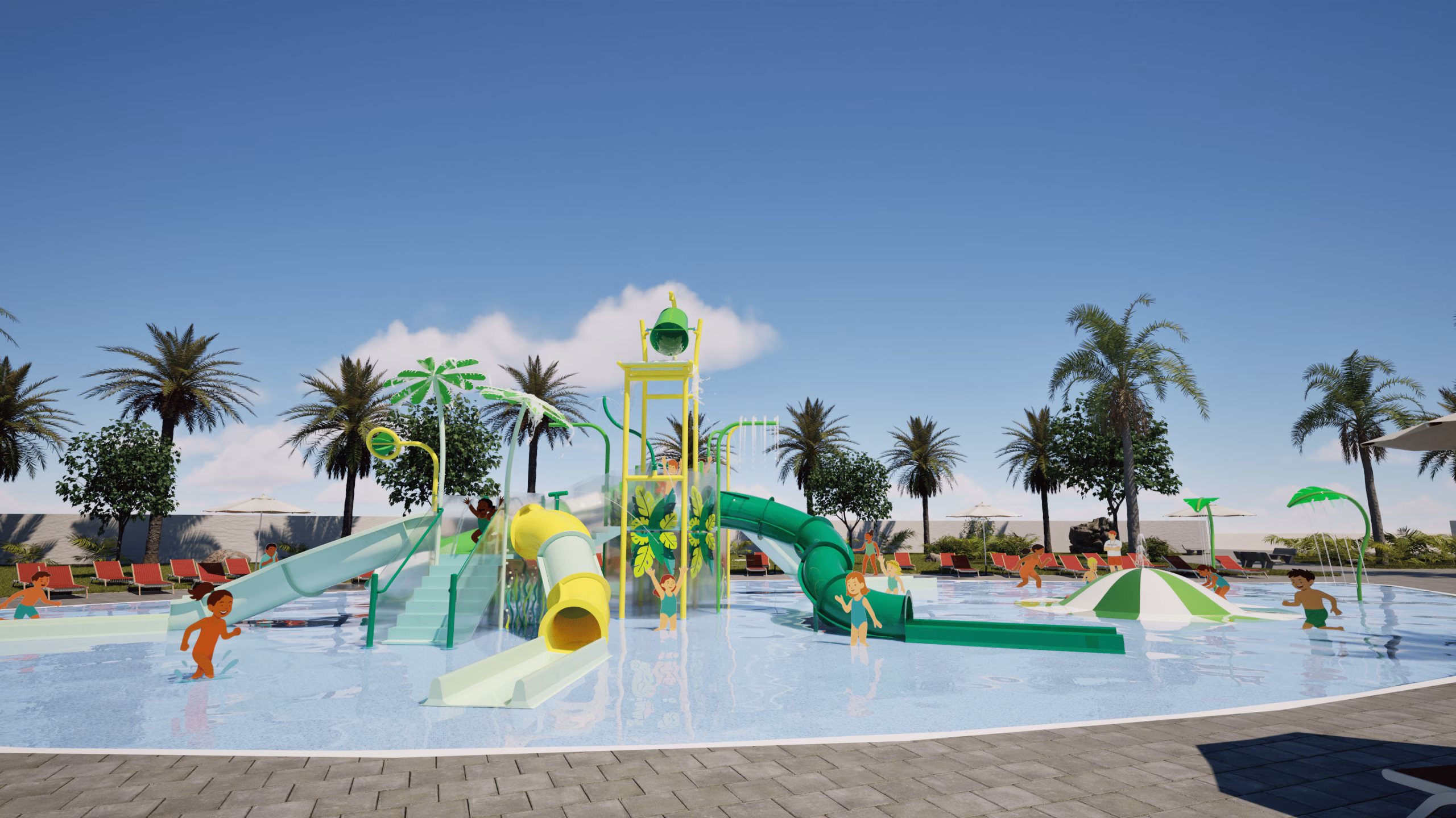 Un gran castillo de juegos acuáticos multicolor con toboganes y chorros en una piscina de hotel.