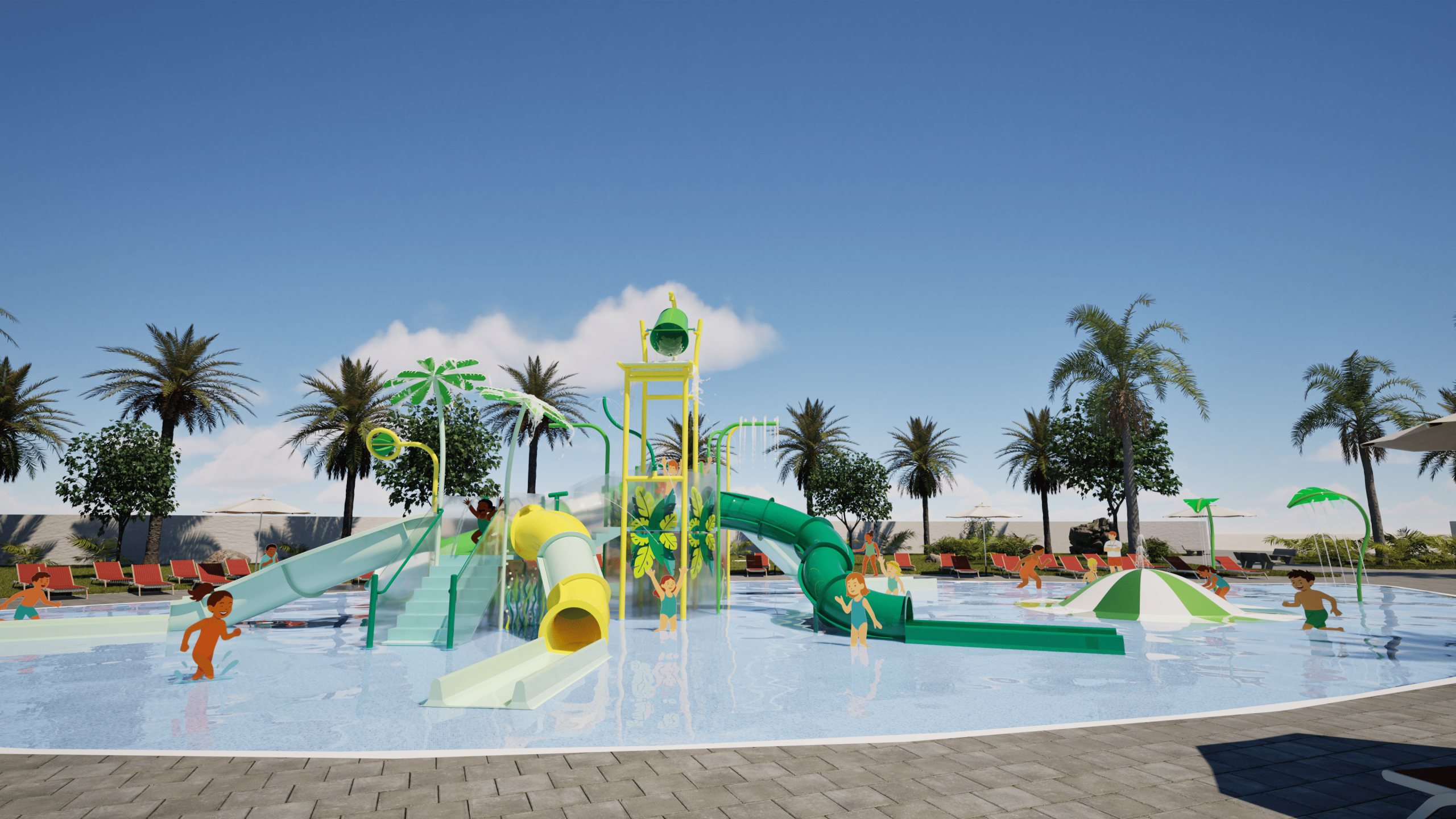 Un gran castillo de juegos acuáticos multicolor con toboganes y chorros en una piscina de hotel.